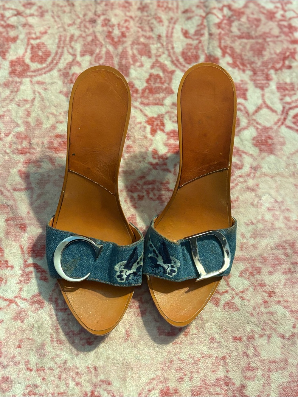 Denim Slide Sandals with Silver Buckle - Women's Brown Insole